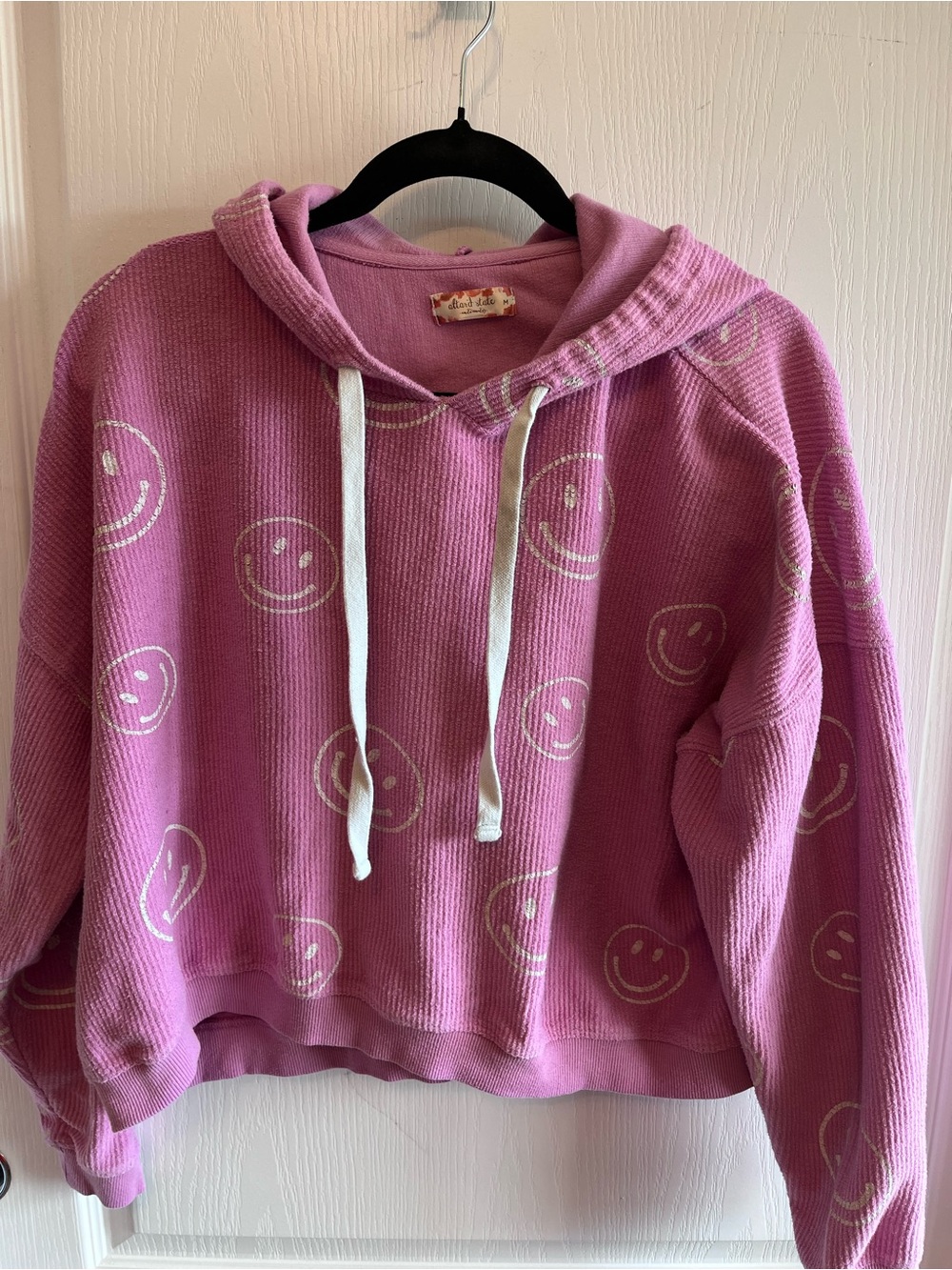 IAltar'd State Intimates Pink Smiley Face Ribbed Corduroy Knit Pullover Hoodie M